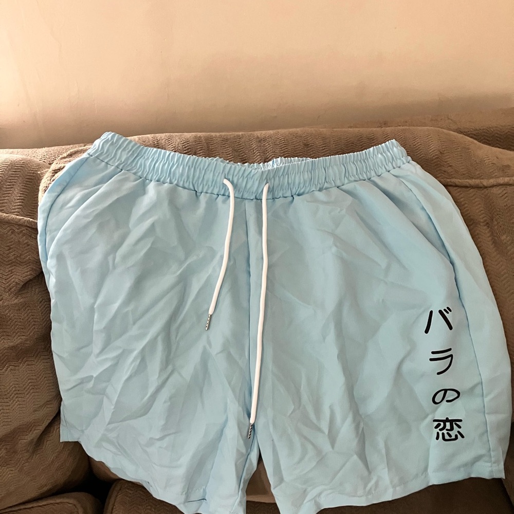 Light Blue Shorts with Japanese Text